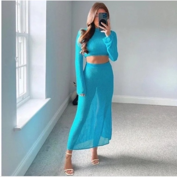 Zara Blue Pointelle Knit Sweater And Skirt Set BLOGGERS favorite! Size M EUC - Picture 14 of 16